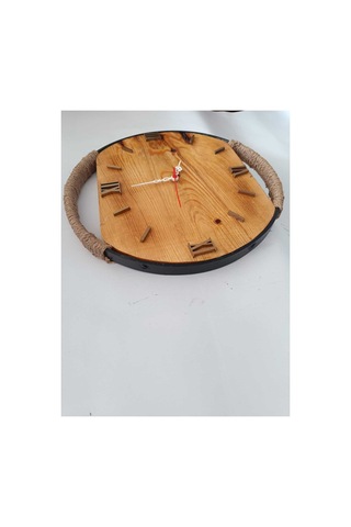 Niş Tasarım Doğal Çam Ağacı Duvar Saati - 38 Cm Halat Detaylı Metal Çerçeveli Masif Ahşap Saat Kahverengi