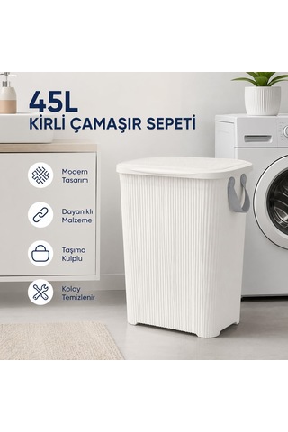 45 L Kapaklı Kirli Çamaşır Sepeti Modern Çizgili Tasarım Taşıma Kulplu Dayanıklı Plastik Banyo, Çamaşır Odası Ve Yatak Odası İçin 40 X 34 X 47 Cm, Beyaz Çok Renkli