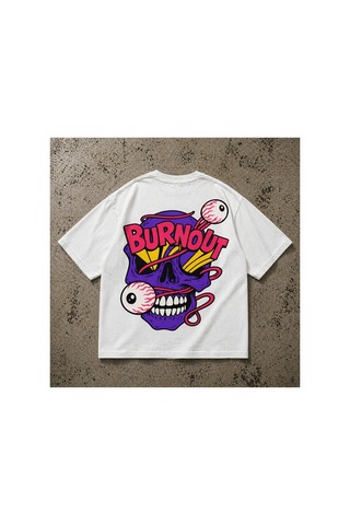 Yolo Street Unisex Oversize Beyaz Tişört Burnout Kuru Kafa Baskılı Amuk Streetwear Grafik T-shirt Beyaz1