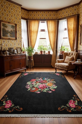 Çiçek Motifli Modern Halı Dekoratif Kilim Siyah