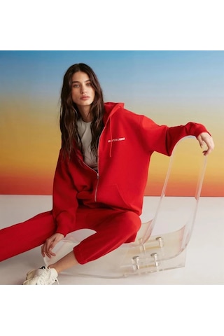 Ametıs Kadın Oversize Organik Pamuklu Metal Fermuarlı Kapüşonlu Kırmızı Sweatshirt