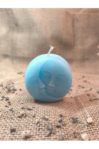 Güneş Ve Ay Yüzlü Dekoratif Mum, Tek Renk Açık Mavi