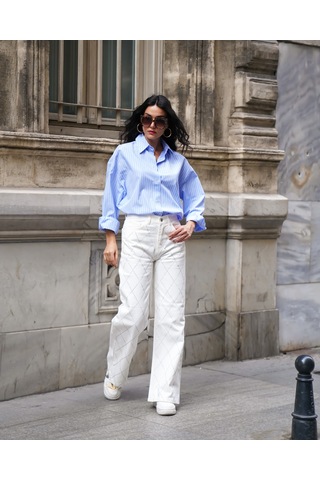 Kadın Beyaz Renk Palazzo Önü Starlight Parlak Taşlı Tasarım Denim Beyaz