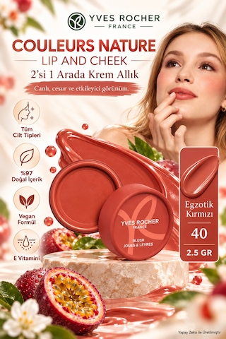 Dudak Ve Yanak İçin E Vitaminli Krem Allık Doğal Bitişli 2'si 1 Arada Renklendirici Egzotik Kırmızı