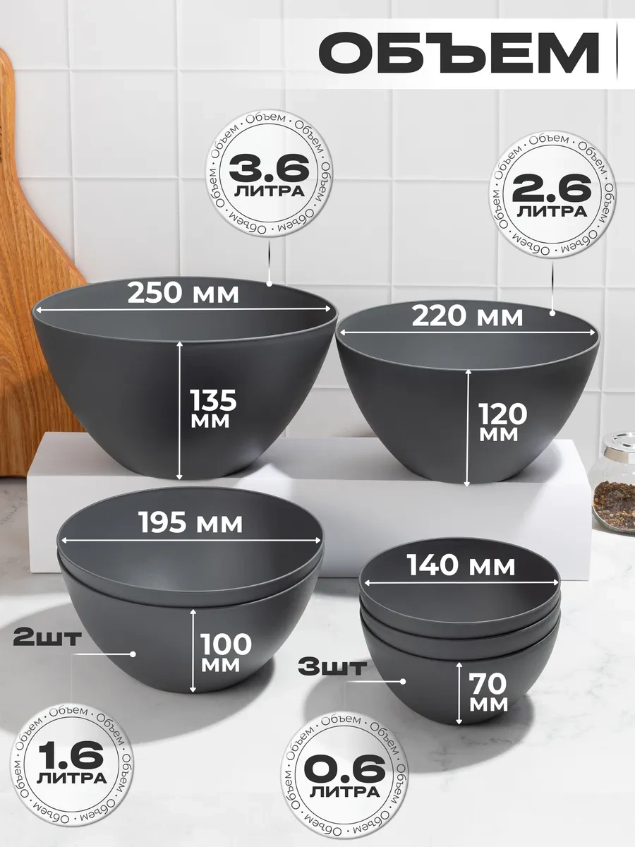 Onest Mutfak İçin Plastik Salata Kasesi Seti 7 Adet 291955115 Grafit