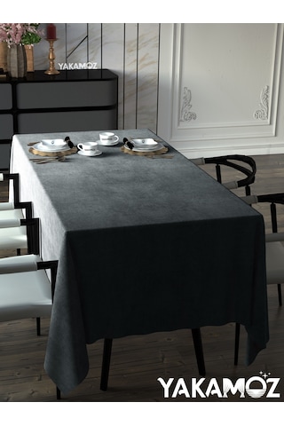 Gümüş Grisi Kadife Dokulu Masa Örtüsü Dertsiz Velvet Touch Serisi Gümüş Grisi
