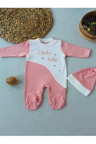 Veraura Lifestyle 0-3 3-6 Ay Lucky Baby Nakışlı Es Çizgi Boy Şapkalı Kız Bebek Tulumu Pudra