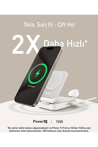 Anker Maggo Katlanabilir 3'ü 1 Arada Kablosuz Şarj İstasyonu Beyaz
