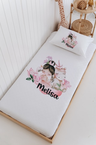 İsme Özel %100 Pamuk Bebek Ve Çocuk Tek Kişilik 165 X 225 Cm Pike Takımı-balerin Ve Unicorn Beyaz