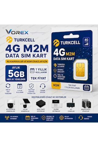 Turkcell 4G M2M Data Sim Kart 1 Yıllık Kullanım Aylık 5 GB Kamera Alarm LOT Veri Hattı
