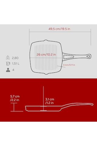 Lava Döküm Kare Izgara Tava Döküm Demir Metal Saplı 26x26 Mavi