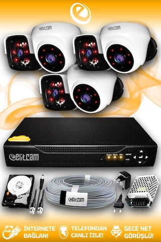 Elitcam 6 Kameralı Panda 3 İç Kamera Set 1 TB HDD Full HD Gece Görüşlü Güvenlik Kamerası Sistemi