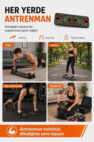 Çok Fonksiyonlu Katlanabilir Şınav Tahtası Egzersiz Seti - Direnç Bandı, Karın Tekerleği Ab Wheel, Pilates Barı, El Yayı