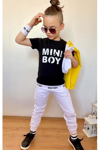 Riccotarz Erkek Çocuk Mini Boy Yazı Ve Şerit Detaylı T-shirt Kolsuz Sarı Yelek Eşofman Takım Buz Mavi