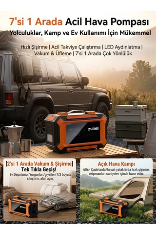 Steiner 36v Şarjlı 20.000mah Araç Akü Takviye Cihazı 150 Psı Işıklı Dijital Ekranlı Lastik Şişirme Hava Kompresörü 7 İn 1 Çantalı
