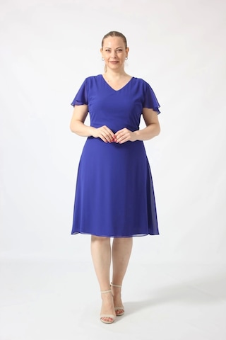 Moda Berray 3297 Saks Kolu Fırfırlı Bele Oturan Astarlı Şifon Elbise Saks Saks Mavi
