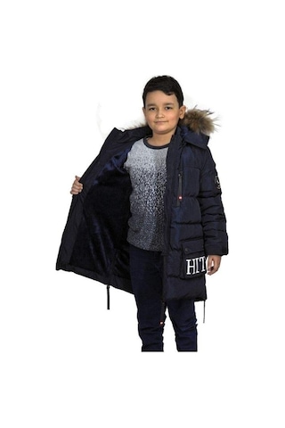 Benitto Erkek Çocuk İç Cepli Tüylü Kapüşonlu Çift Cepli Mont-14764 Lacivert