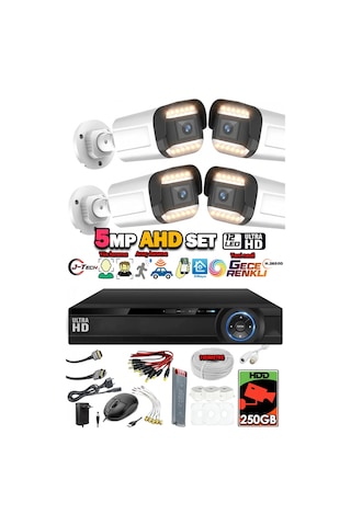 J-tech 5mp 7070 Renkli Gece Görüşlü 4 Lü Akıllı Güvenlik Kamera Seti Yüz Ve Araç Tanıma