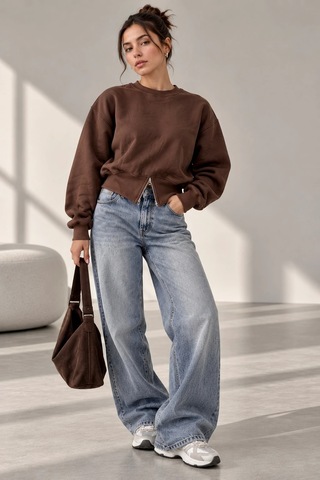 Bbbutikbasic Fermuar Detaylı Şardonlu 3 İplik Kadın Sweatshirt My3535 Kahverengi