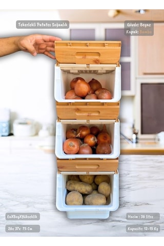 3 Lü Tekerlekli Sebzelik Patates Soğan Sepeti Soğanlık Organizer Kutu Bambu Beyaz Desen 36 Lt Bambu-beyaz