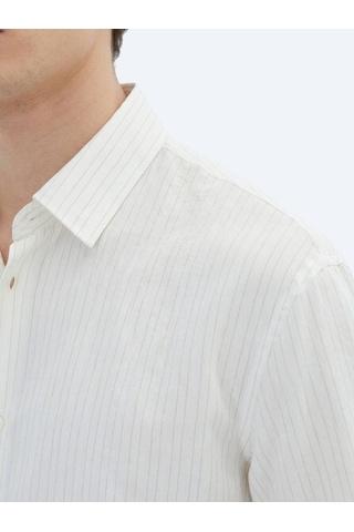 Kip Bej Çizgili Regular Fit Uzun Dokuma Casual %100 Pamuk Gömlek