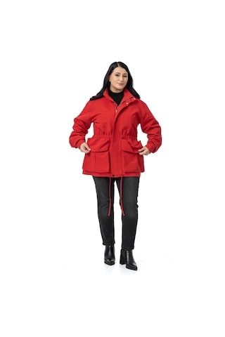 Büyük Beden Çıtçıt Ve Fermuar Kapamalı Beli Büzgülü Astarlı Kırmızı Trençkot Kırmızı