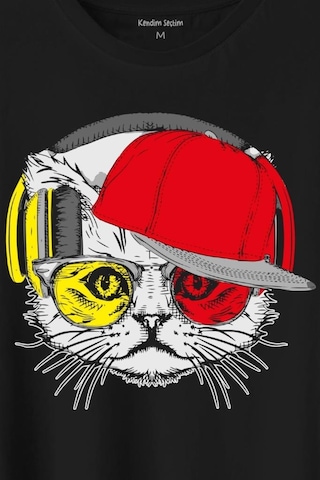 Cat Glasses Gözlüklü Sarı Kırmızı Kırmızı Kedi Baskılı Tişört Unisex T-shirt 001