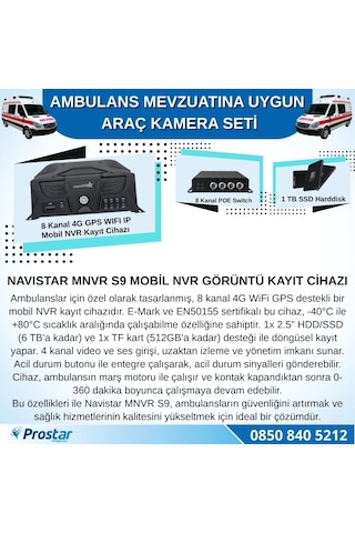Ambulans Mevzuatına Uygun 2 Kameralı 8 Kanal Mobil Nvr 1 Tb 7 İnç Monitörlü Tak Kullan Set