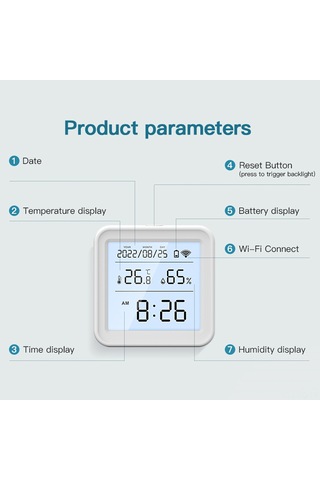 Leezsing Tuya Wifi Isı Ve Nem Sensörü, Akıllı Uygulama Kontrolü, Alexa/google Home Uyumlu, Veri Kaydı, Alarm Fonksiyonu, Geri Aydınlatma Th08