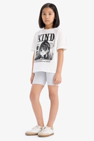 DeFacto Kız Çocuk Pamuklu 2'li Takım Baskılı Kısa Kollu Tişört Biker Tayt E7317A825HSER105 Ekru