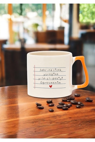 Öğretmenler Günü Kişiye Özel Renkli Kulplu Öğretmen Kupası Turuncu