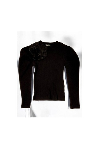 Kız Çocuk Kol Detaylı Çiçekli Fitilli Bluz-14802 Siyah