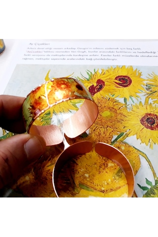 Copper Anatolian Van Gogh Sunflowers 1888 Bakır El İşçilikli Lüks Bilezik Altın