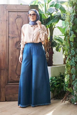 1153-denim Püsküllü Pantolon Etek Koyu Mavi Koyu Mavi