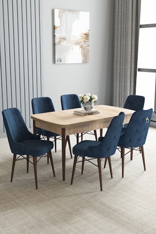 Zümra Serisi, Meşe Desen 80x132 Açılabilir Mdf Mutfak Masası Takımı 6 Adet Sandalye, Lacivert