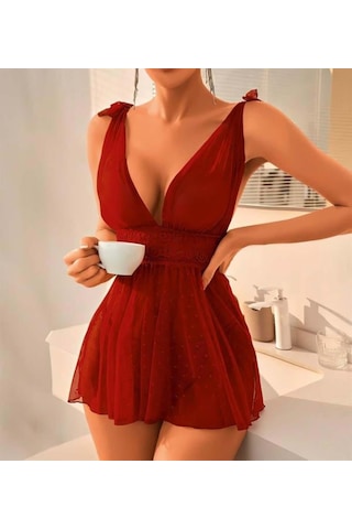 Veraura Lifestyle Bordo Dantel İşlemeli Puantiyeli Tül Gecelik Bordo