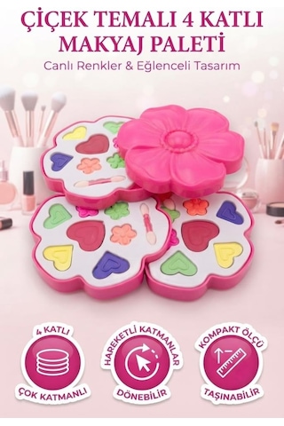 Pembe Çiçek Tasarımlı 3 Katlı Sevimli Pembe Çiçek Kutu Tasarımlı Çocuk Makyaj Seti