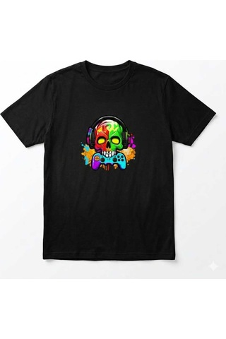 Erkek Kuru Kafa Oyun Konsolu Baskılı Pamuklu T-shirt Siyah
