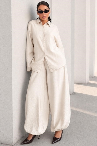Madmext Bej Oversize Gömlek Balon Pantolon Kadın Takım Mg2779