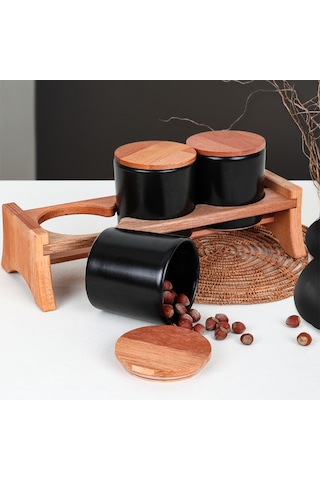 Keramika Ahşap Standlı Mat Siyah Ege Saklama Kabı 10 Cm 4 Parça Mat Siyah