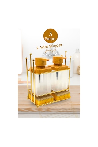 Grimorlife Ahşap Desenli Altın Gold Metal Standlı Bulaşık Deterjanı Sıvı Sabunluk Mutfak Seti-sünger Altın