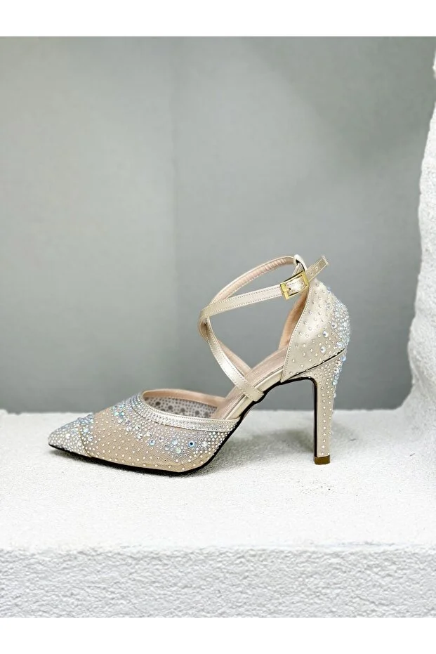 Stillo 420 Kadın Taşlı Tül Detay Bilekten Bağlı İnce Topuklu Yarım Açık Abiye Stiletto Ten