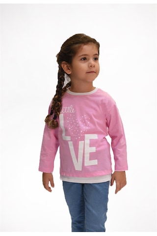 Luess Love Baskılı Garni Detaylı Uzun Kol Kız Çocuk T-shirt Pembe