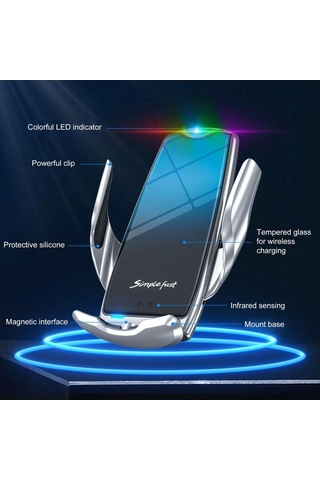 Sandwich Kablosuz Hızlı Şarj, Otomatik Klem, 360 Döner, Alüminyum Araç Telefon Tutucu