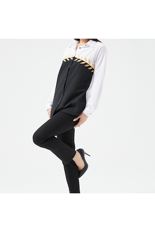 Kadın Siyah-beyaz Yaprak Nakışlı Gömlek Beyaz