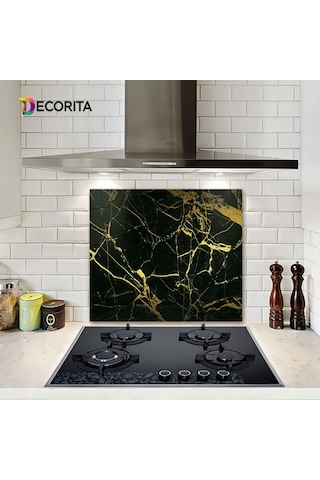 Decorıta Cam Ocak Arkası Koruyucu | Altın Çizgili Mermer
