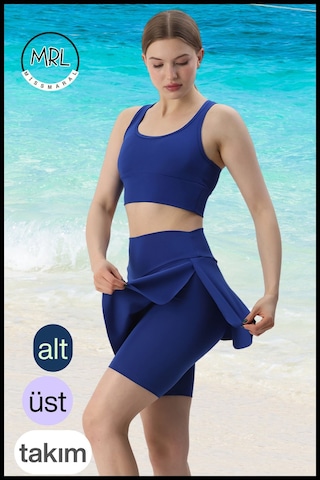 Kadın Takım Alt - Üst Biker Şort Diz Üstü &crop Bra Ped Destekli Denizde Havuzda Sporda Mavi Mavi