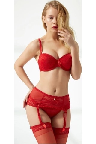 Le Jardin Datelli 3 Parça Sütyen, Külot, Jartiyer Takım 5265 Kırmızı