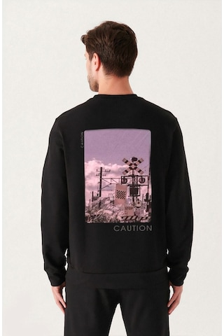 Erkek Siyah Oversize Caution Baskılı Bisiklet Yaka Sweatshirt Siyah