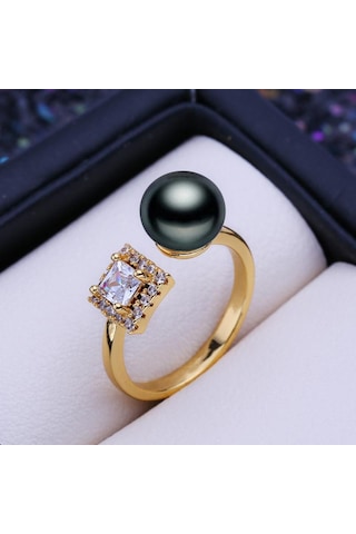 Siyah Lsooyh Doğal Tatlı Su İncisi Yüzükler Kadınlar İçin Bohemian Pembe Çiçek Altın Renk Parti Yüzük İnci Takı Siyah